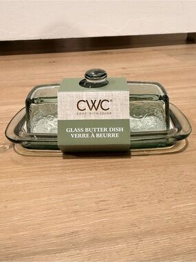 CWC Floral Glass Butter Dish in clear Green